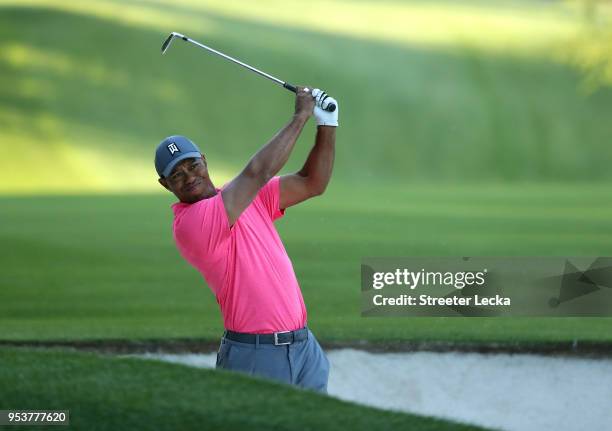 Tiger Woods plays a shot during the Pro-Am for the Wells Fargo Championship at Quail Hollow Club on May 2, 2018 in Charlotte, North Carolina.