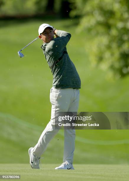 Rory McIlroy plays a shot during the Pro-Am for the Wells Fargo Championship at Quail Hollow Club on May 2, 2018 in Charlotte, North Carolina.