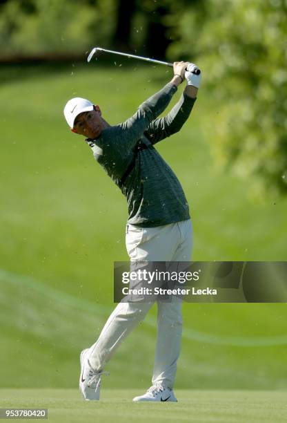 Rory McIlroy plays a shot during the Pro-Am for the Wells Fargo Championship at Quail Hollow Club on May 2, 2018 in Charlotte, North Carolina.