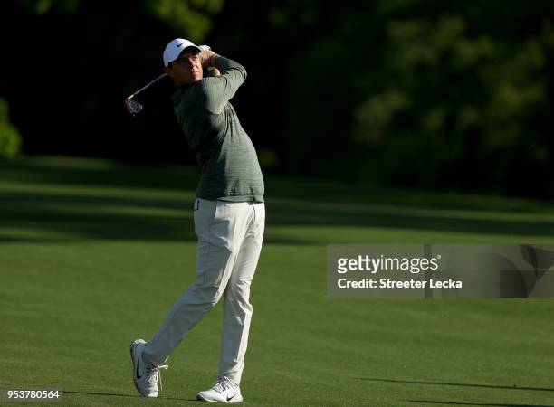 Rory McIlroy plays a shot during the Pro-Am for the Wells Fargo Championship at Quail Hollow Club on May 2, 2018 in Charlotte, North Carolina.