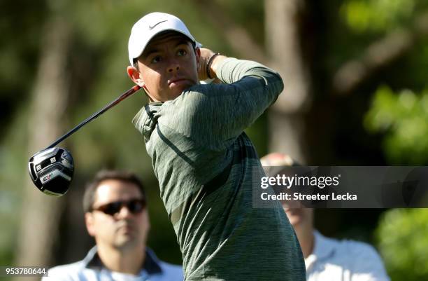 Rory McIlroy plays a shot during the Pro-Am for the Wells Fargo Championship at Quail Hollow Club on May 2, 2018 in Charlotte, North Carolina.