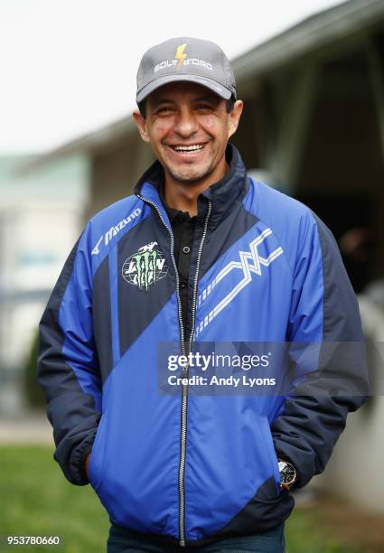 Victor Espinoza the jockey for Bolt d'Oro talks with the media during the morning training for the Kentucky Derby at Churchill Downs on May 2, 2018...