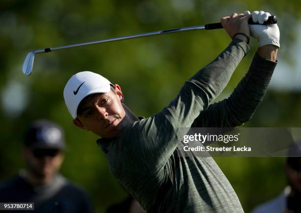 Rory McIlroy plays a shot during the Pro-Am for the Wells Fargo Championship at Quail Hollow Club on May 2, 2018 in Charlotte, North Carolina.