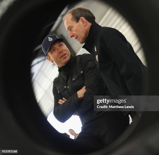 Silverstone Classic Preview Day, 2 May 2018, At the Home of British Motorsport. Sir Chris Hoy and Jackie Oliver pictured during the Silverstone...