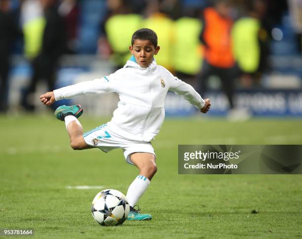 Cristiano Ronaldo Jr, son of Cristiano Ronaldo of Real Madrid, plays with a ball prior the UEFA Champions League, semi final, 2nd leg football match...
