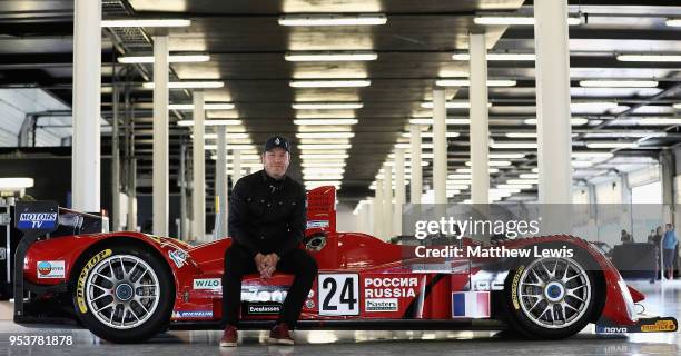 Silverstone Classic Preview Day, 2 May 2018, At the Home of British Motorsport. Sir Chris Hoy pictured with a 24 Noel del Bello Courage LC75 AER...