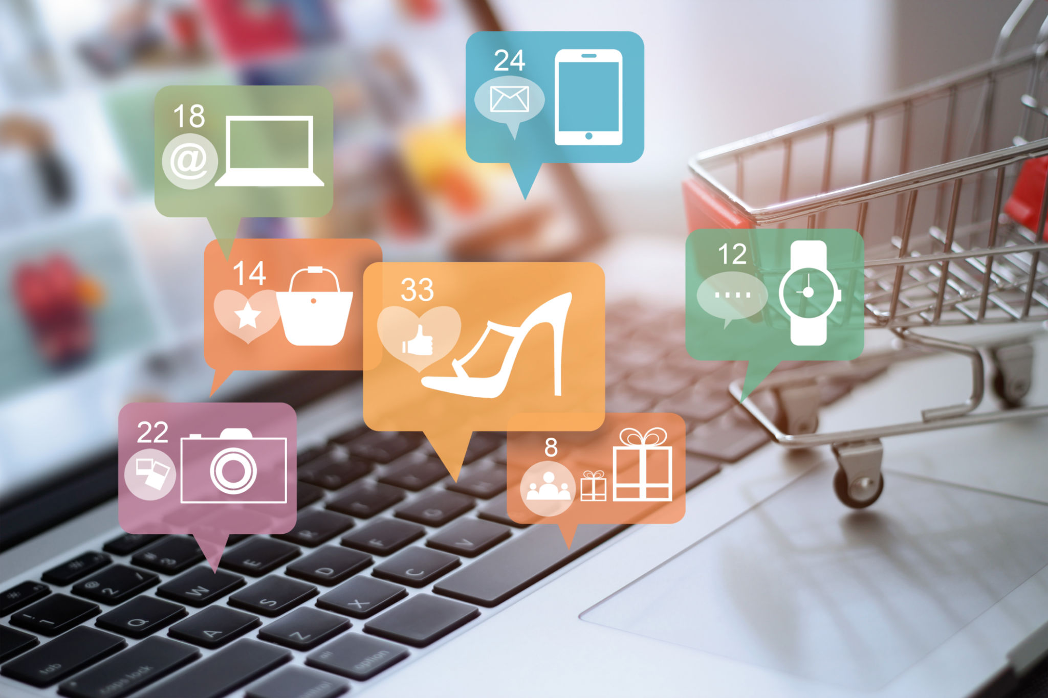 Laptop and cart with icon online shopping and social media networking. Online marketing and payment concept. Laptop and cart with icon online shopping and social media networking. Online marketing and payment concept.