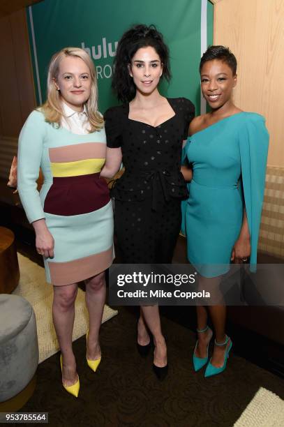 Elisabeth Moss, Sarah Silverman and Samira Wiley in the Hulu Upfront 2018 Green Room at The Hulu Theater at Madison Square Garden on May 2, 2018 in...