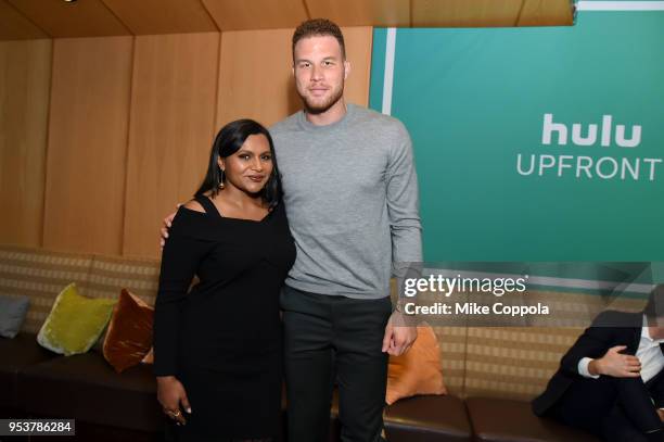 Actor Mindy Kaling and basketball player Blake Griffin pose for a photo in the Hulu Upfront 2018 Green Room at The Hulu Theater at Madison Square...