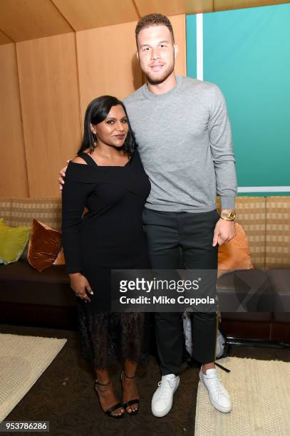 Actor Mindy Kaling and basketball player Blake Griffin pose for a photo in the Hulu Upfront 2018 Green Room at The Hulu Theater at Madison Square...