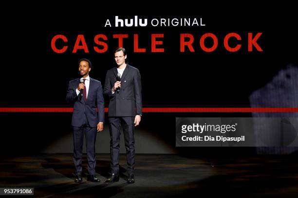 Actors Jerrod Carmichael and Bill Skarsgard speak onstage during Hulu Upfront 2018 at The Hulu Theater at Madison Square Garden on May 2, 2018 in New...