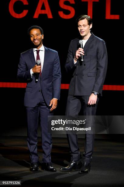 Actors Jerrod Carmichael and Bill Skarsgard speak onstage during Hulu Upfront 2018 at The Hulu Theater at Madison Square Garden on May 2, 2018 in New...