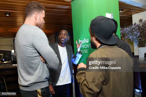 Blake Griffin, Jerrod Carmichael and Ramy Youssef speak in the Hulu Upfront 2018 Green Room at The Hulu Theater at Madison Square Garden on May 2,...