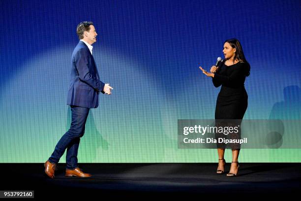 Hulu Senior Vice President of Sales Peter Naylor and Mindy Kaling speak onstage during Hulu Upfront 2018 at The Hulu Theater at Madison Square Garden...