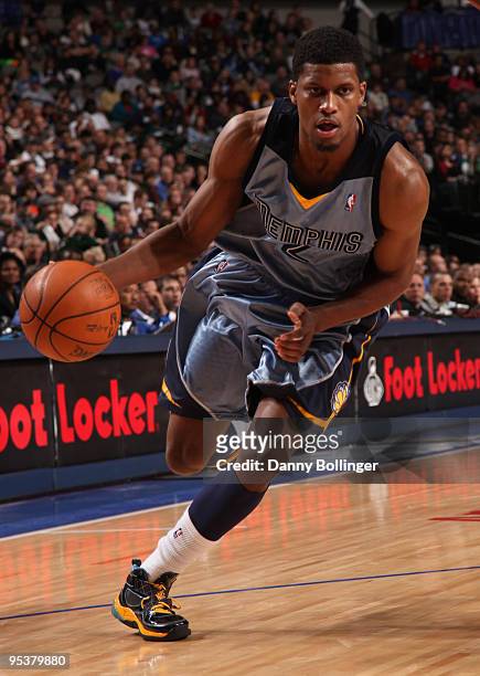 Rudy Gay of the Memphis Grizzlies drives against the Dallas Mavericks during a game at the American Airlines Center on December 26, 2009 in Dallas,...