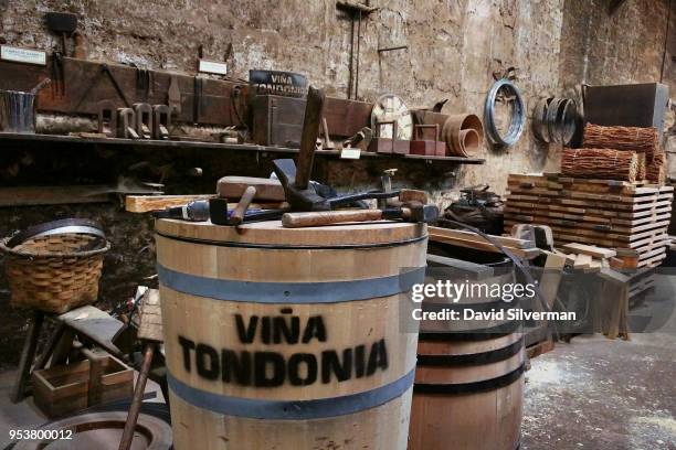 New oak barrels in the making in the cooperage at Bodegas López de Heredia Viña Tondonia winery on October 15, 2016 in the city of Haro in the...