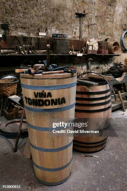 New oak barrels in the making in the cooperage at Bodegas López de Heredia Viña Tondonia winery on October 15, 2016 in the city of Haro in the...