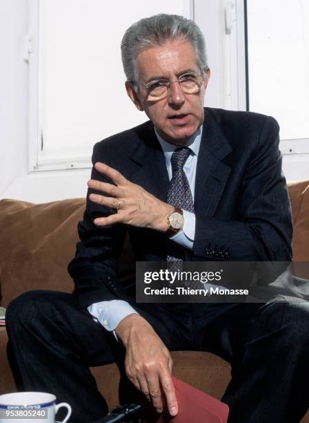 Competition Commissioner Mario Monti answers questions in his office in the EU Commission on Mat 17,2002 in Brussels,Belgium.