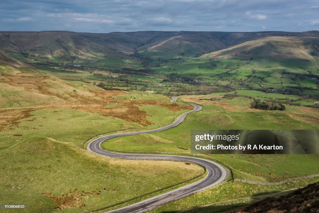Bendy road in the English countryside, Edale valley, Derbyshire