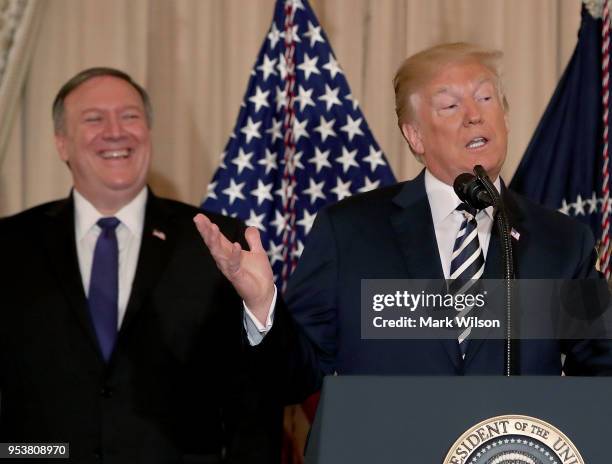 President Donald Trump speaks about Secretary of State Mike Pompeo during a ceremonial swearing in at the State Department on May 2, 2018 in...
