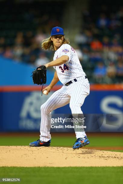 Noah Syndergaard of the New York Mets pitches in the second inning against the Atlanta Braves at Citi Field on May 1, 2018 in the Flushing...
