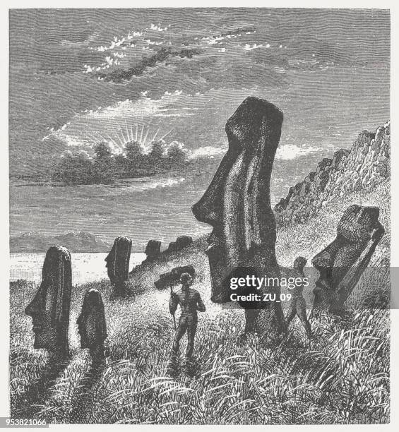 easter island, beach with moai statues, wood engraving, published 1888 - ahu tongariki stock illustrations