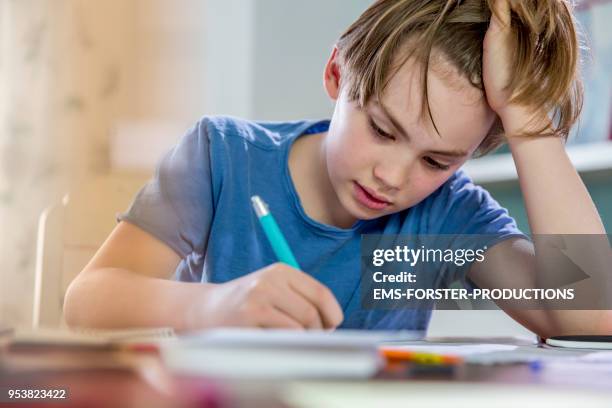 10 years old blonde school boy while doing his homework. - 10 11 years ストックフォトと画像