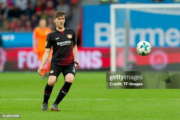 Panagiotis Retsos of Leverkusen controls the ball during the Bundesliga match between Bayer 04 Leverkusen and VfB Stuttgart at BayArena on April 28,...