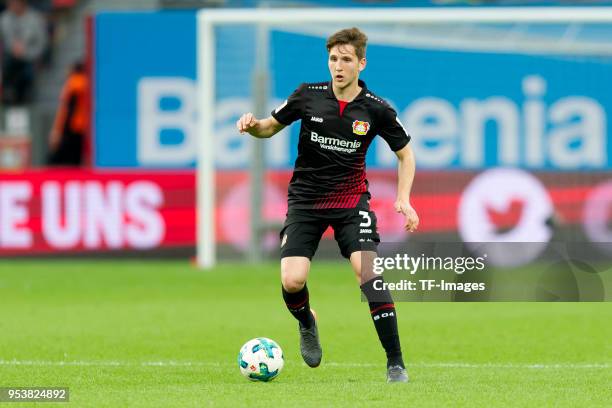 Panagiotis Retsos of Leverkusen controls the ball during the Bundesliga match between Bayer 04 Leverkusen and VfB Stuttgart at BayArena on April 28,...