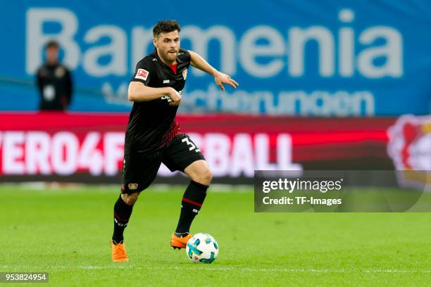 Kevin Volland of Leverkusen controls the ball during the Bundesliga match between Bayer 04 Leverkusen and VfB Stuttgart at BayArena on April 28, 2018...