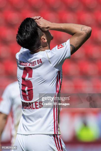 Alfredo Morales of Ingolstadt gestures during the Second Bundesliga match between FC Ingolstadt 04 and Holstein Kiel at Audi Sportpark on April 29,...