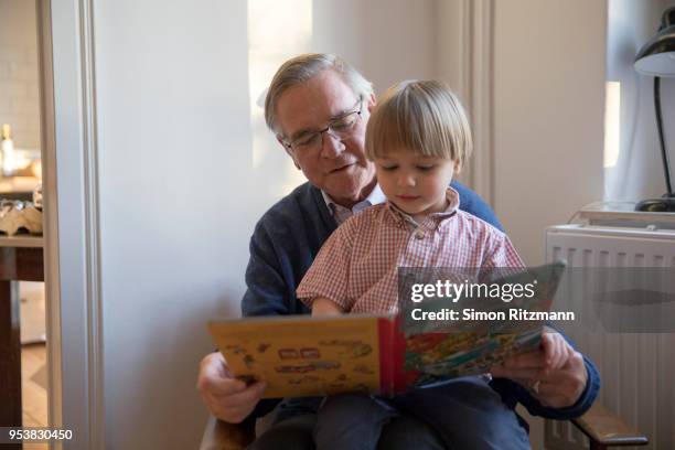 grandfather reading book to young boy - neefje stockfoto's en -beelden