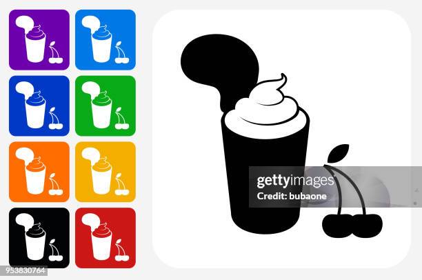 cherry and milkshake icon square button set - yellow smoothie stock illustrations
