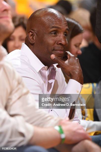 Barry Bonds attends the game between the New Orleans Pelicans and Golden State Warriors in Game Two of Round Two of the 2018 NBA Playoffs on May 1,...