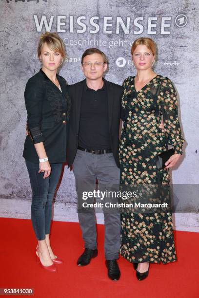 Lisa Wagner, Florian Lukas and Joerdis Triebel attend the premiere of the 4th season of the German TV series 'Weissensee' on May 2, 2018 in Berlin,...