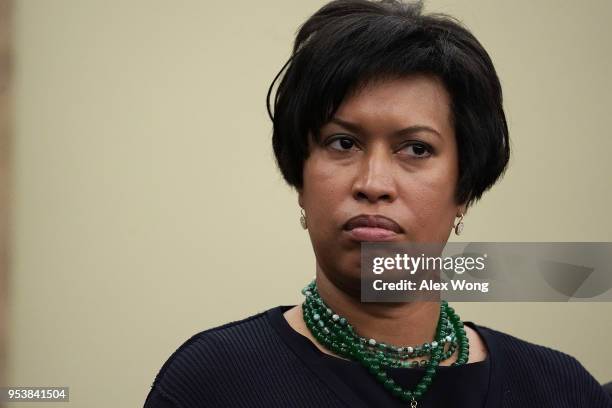 Washington, D.C., Mayor Muriel Bowser attends a news conference May 2, 2018 on Capitol Hill in Washington, DC. Del. Holmes Norton held a news...