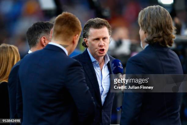 Former Liverpool player and BT Sport pundit, Steve McManaman speaks during the UEFA Champions League Semi Final Second Leg match between A.S. Roma...