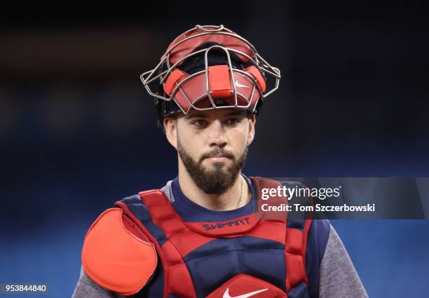 Blake Swihart of the Boston Red Sox warms up during batting practice before the start of MLB game action against the Toronto Blue Jays at Rogers...