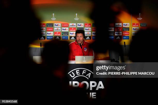 Atletico Madrid's Argentinian coach Diego Simeone holds a press conference at the Wanda Metropolitan Stadium in Madrid on May 2, 2018 on the eve of...