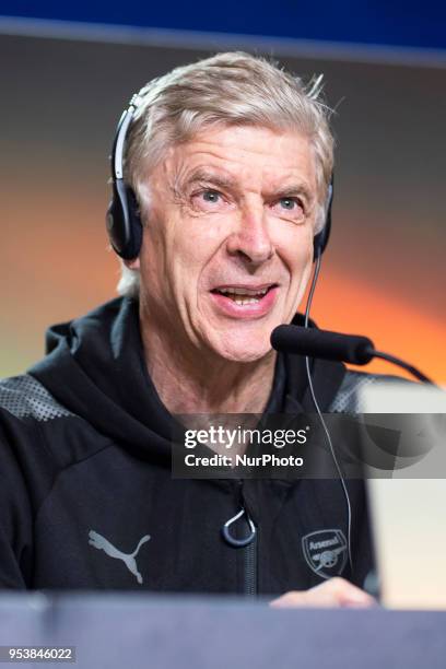 Arsenal FC coach Arsene Wenger during press conference day before Europa League Semi Finals First Leg at Wanda Metropolitano in Madrid, Spain. May...