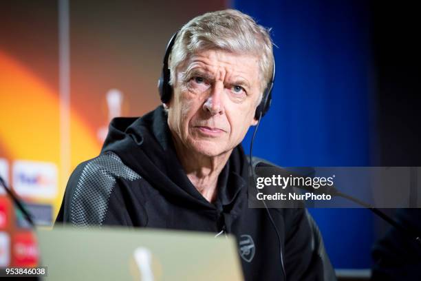 Arsenal FC coach Arsene Wenger during press conference day before Europa League Semi Finals First Leg at Wanda Metropolitano in Madrid, Spain. May...