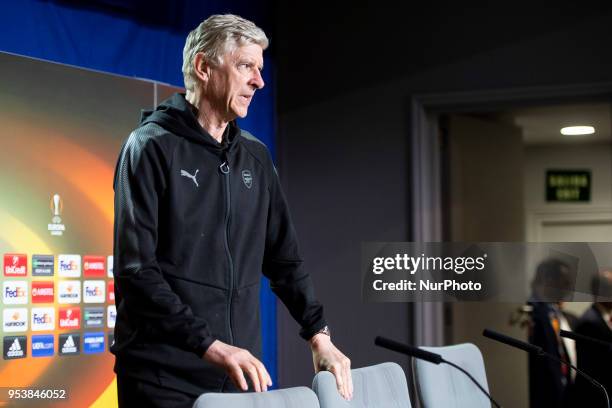 Arsenal FC coach Arsene Wenger during press conference day before Europa League Semi Finals First Leg at Wanda Metropolitano in Madrid, Spain. May...