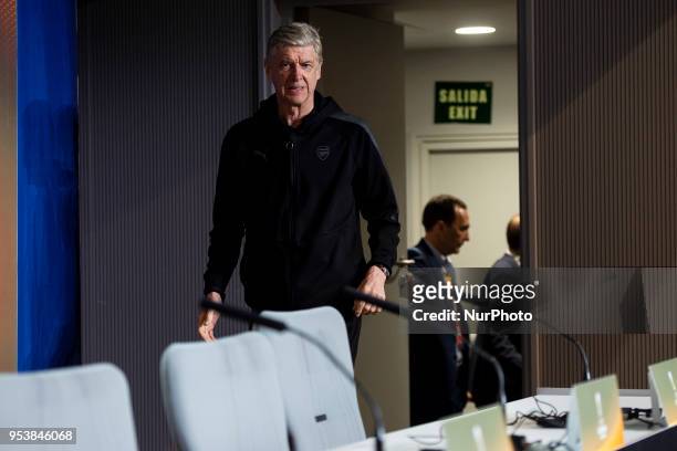 Arsenal FC coach Arsene Wenger during press conference day before Europa League Semi Finals First Leg at Wanda Metropolitano in Madrid, Spain. May...