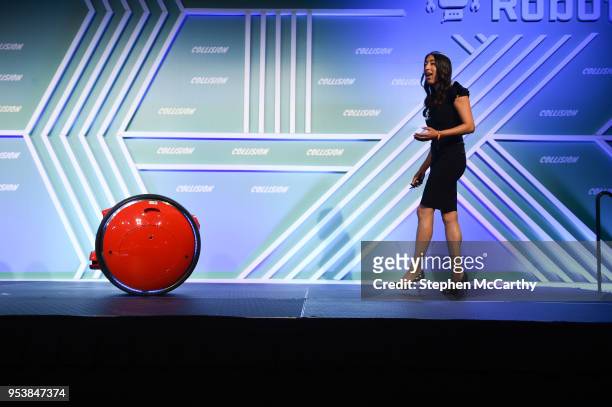 Louisiana , United States - 2 May 2018; Sasha Hoffman, Piaggio Fast Forward, with Gita on the AutoTech & Talk Robot stage during day two of Collision...