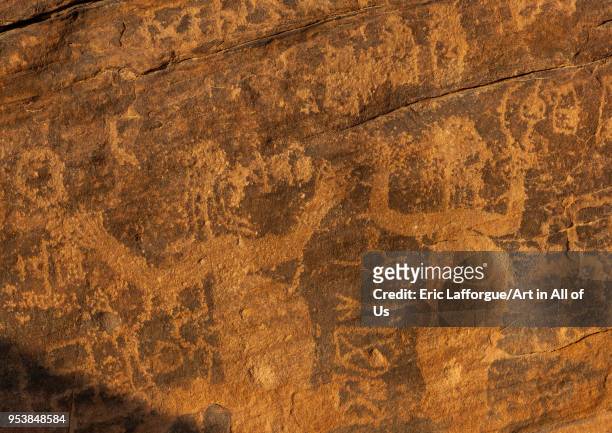 Petroglyphs depicting women dancing in abar himma, Najran Province, Najran, Saudi Arabia on January 19, 2010 in Najran, Saudi Arabia.