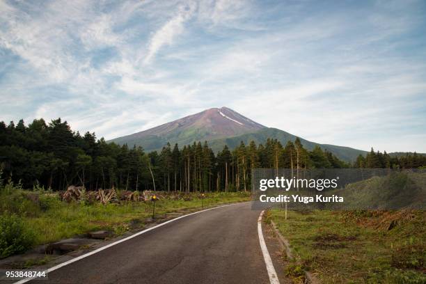 country road leading towards mt. fuji - präfektur yamanashi stock-fotos und bilder