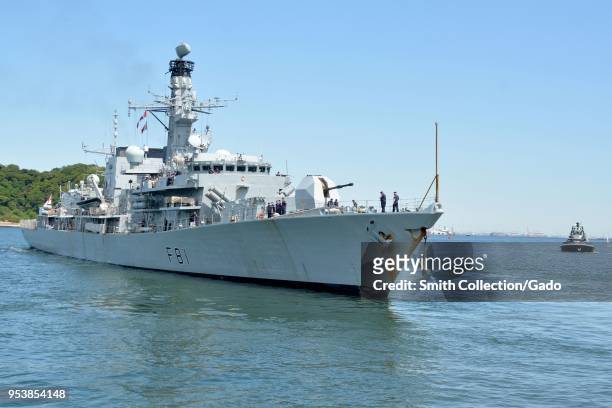 British Royal Navy Type 23 frigate HMS Sutherland viewed from the front on a sunny day in Yokosuka, Japan, April 26, 2018. Image courtesy Petty...