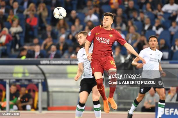 Roma's Italian striker Stephan El Shaarawy heads the ball during the UEFA Champions League semi-final second leg football match AS Roma vs Liverpool...