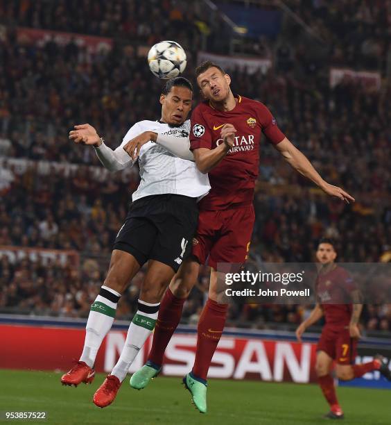 Virgil van Dijk of Liverpool with Edin Dzeko during the UEFA Champions League Semi Final Second Leg match between A.S. Roma and Liverpool at Stadio...