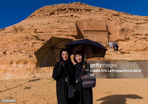 Japanese tourists in front of a nabataean tomb in madain saleh archaeologic site, Al Madinah Province, Al-Ula, Saudi Arabia on January 23, 2010 in...